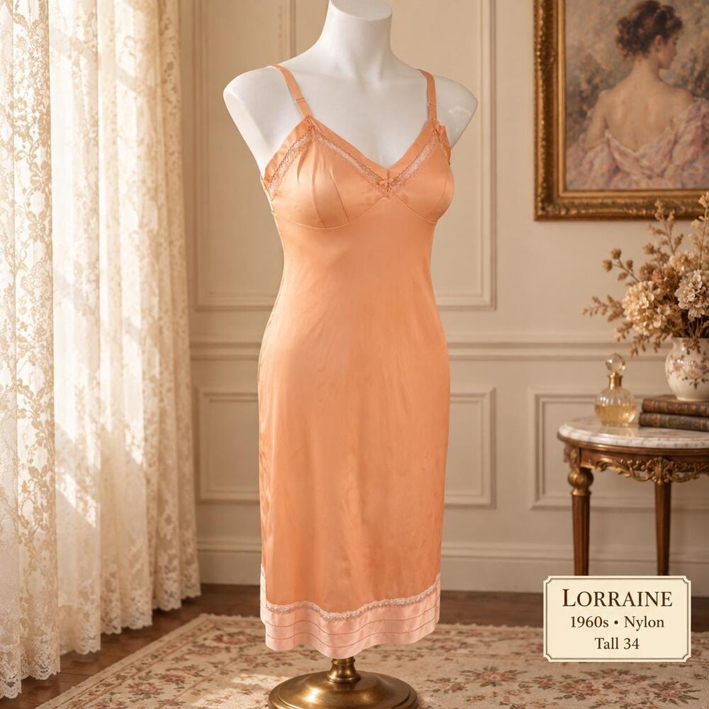 Vintage Lorraine Nylon Full Slip 1960s Custom Peach Lace 34 Tall